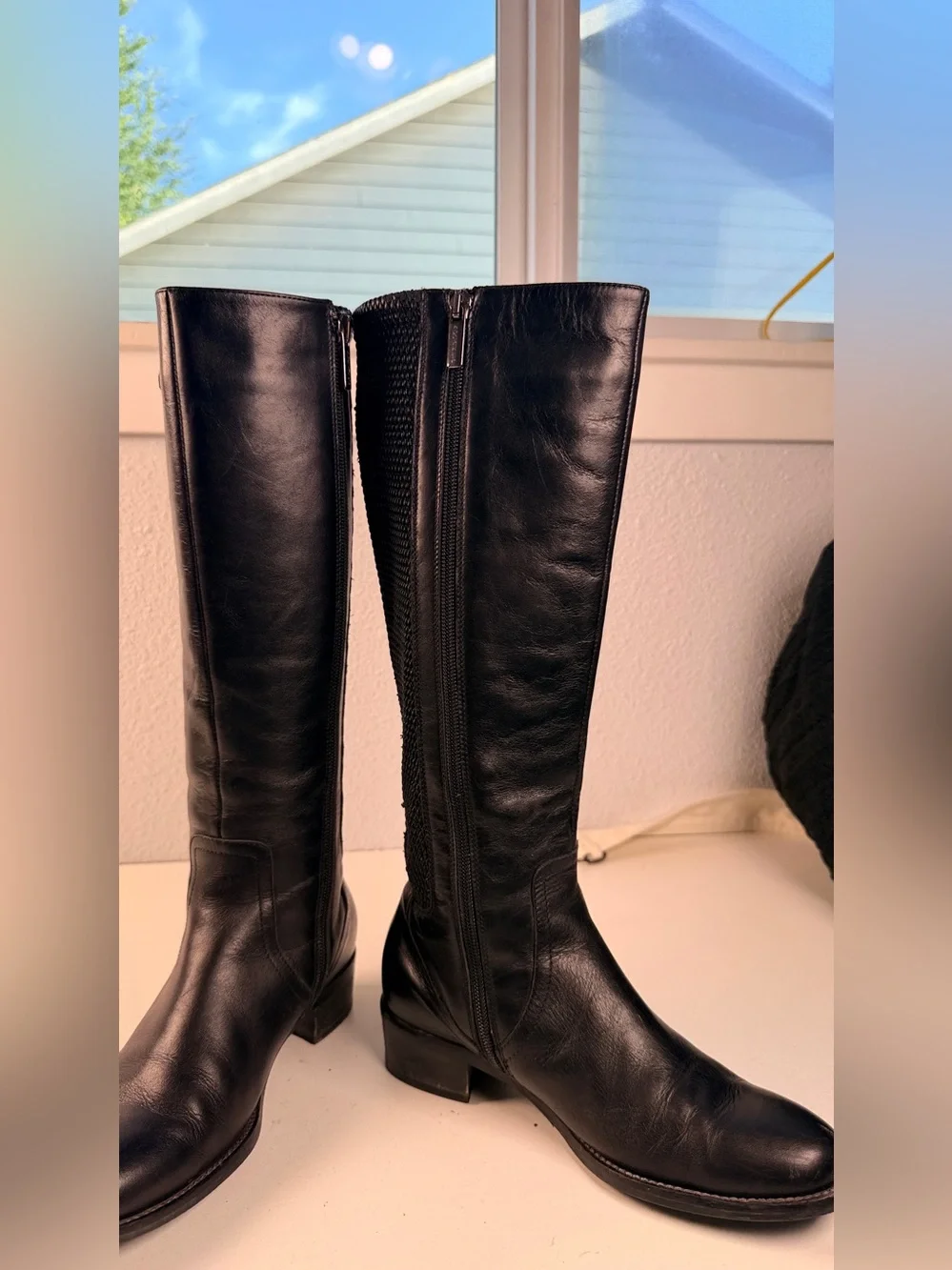Aquatalia Black Leather Tall Riding Boots Mesh Panel Women Size 6.5 Italy